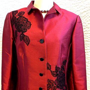 Rickie Freeman for Teri Jon Black lace Trim Red Silk Jacket size 14